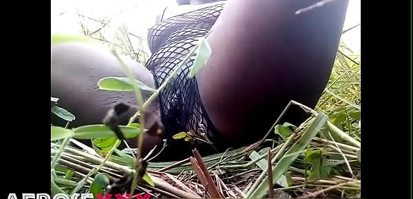  Black pussy in fishnet outside